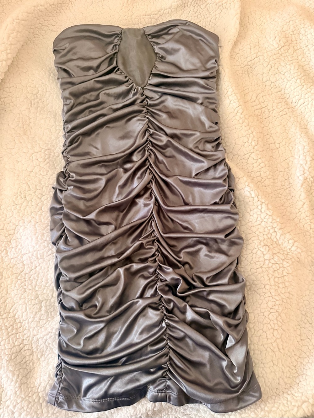 City Triangles Strapless Ruched Satin Dress in Charcoal